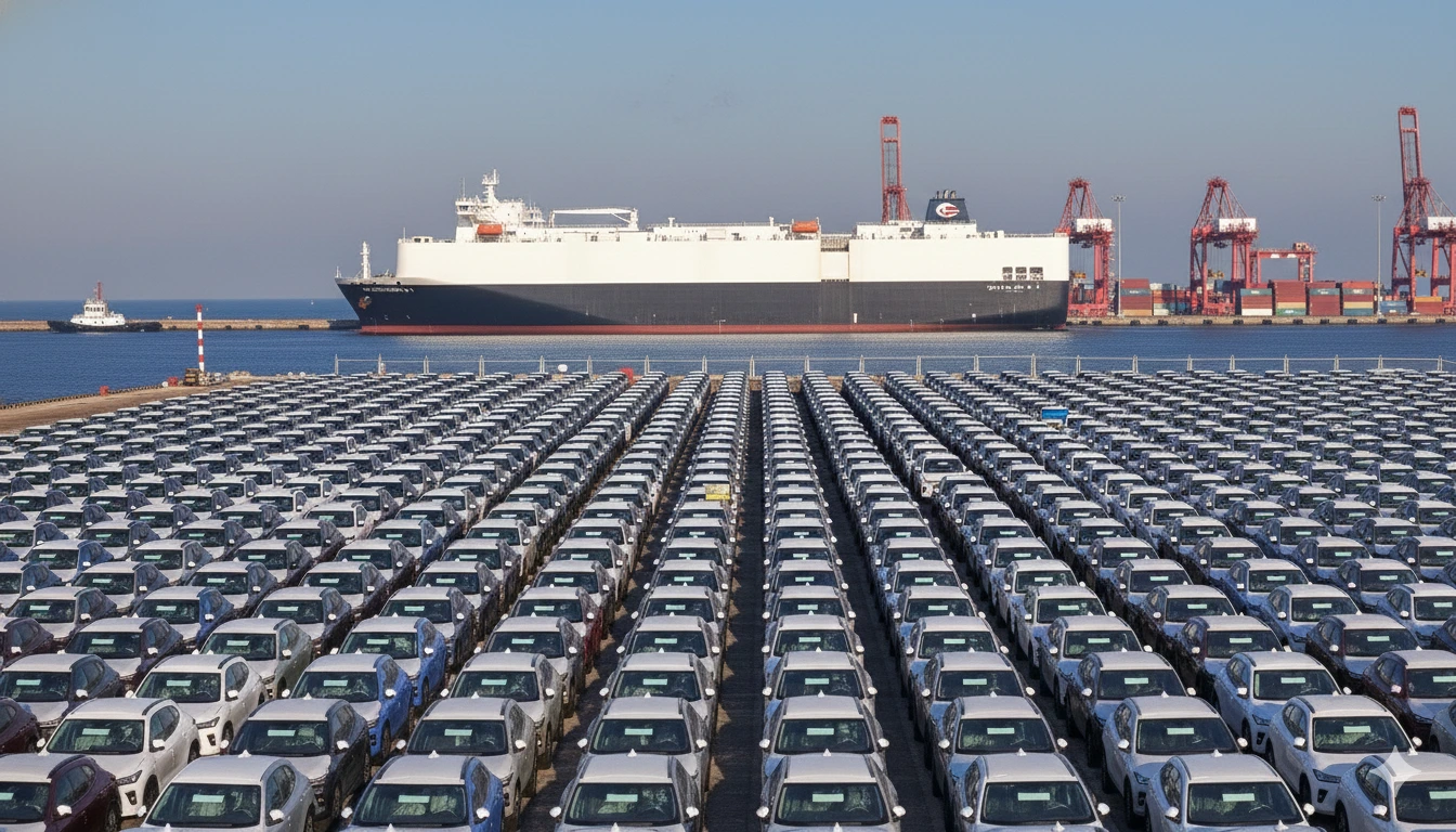 Busy Chinese shipping port terminal with thousands of new cars waiting for export via Ro-Ro ships