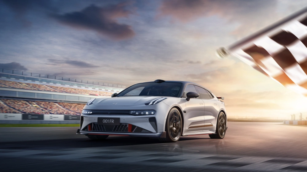 Performance Chinese EV drifting on a race track