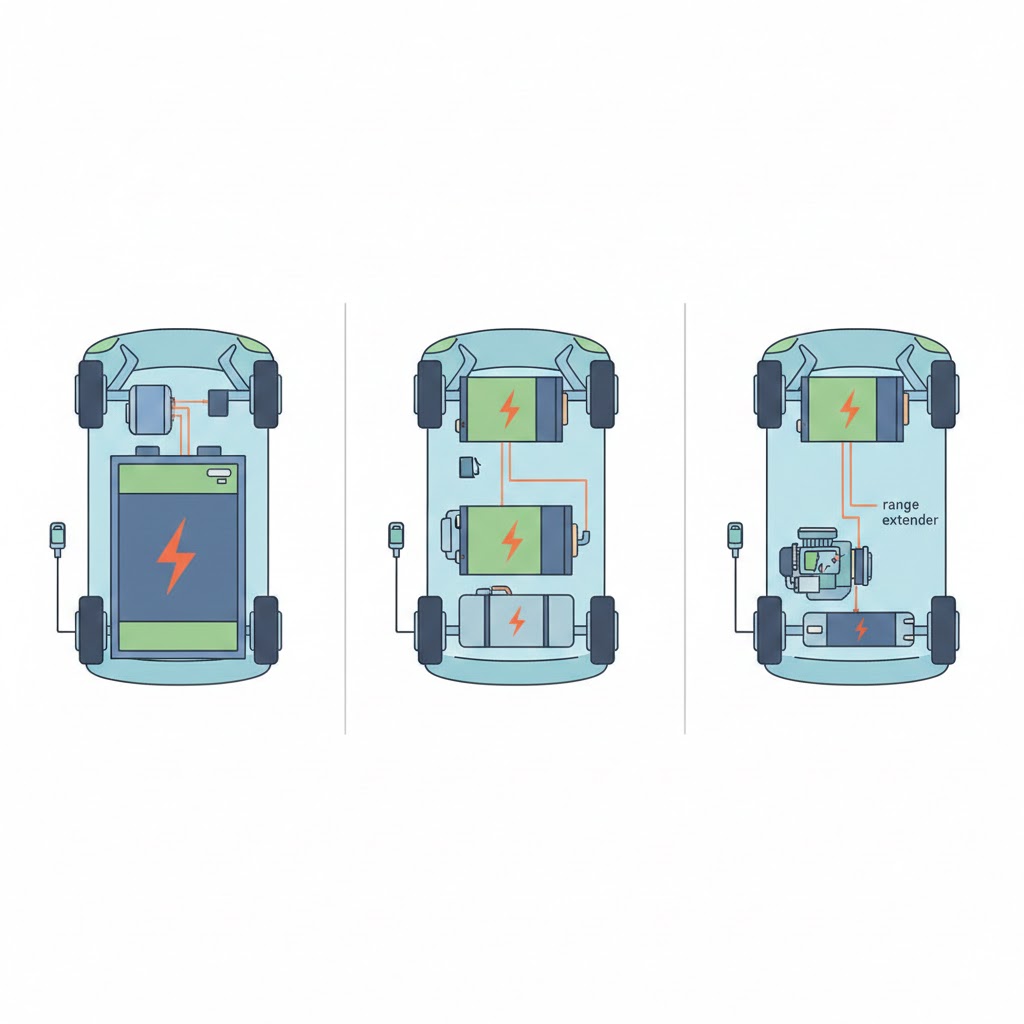 Difference between BEV, PHEV, and EREV drive systems diagram