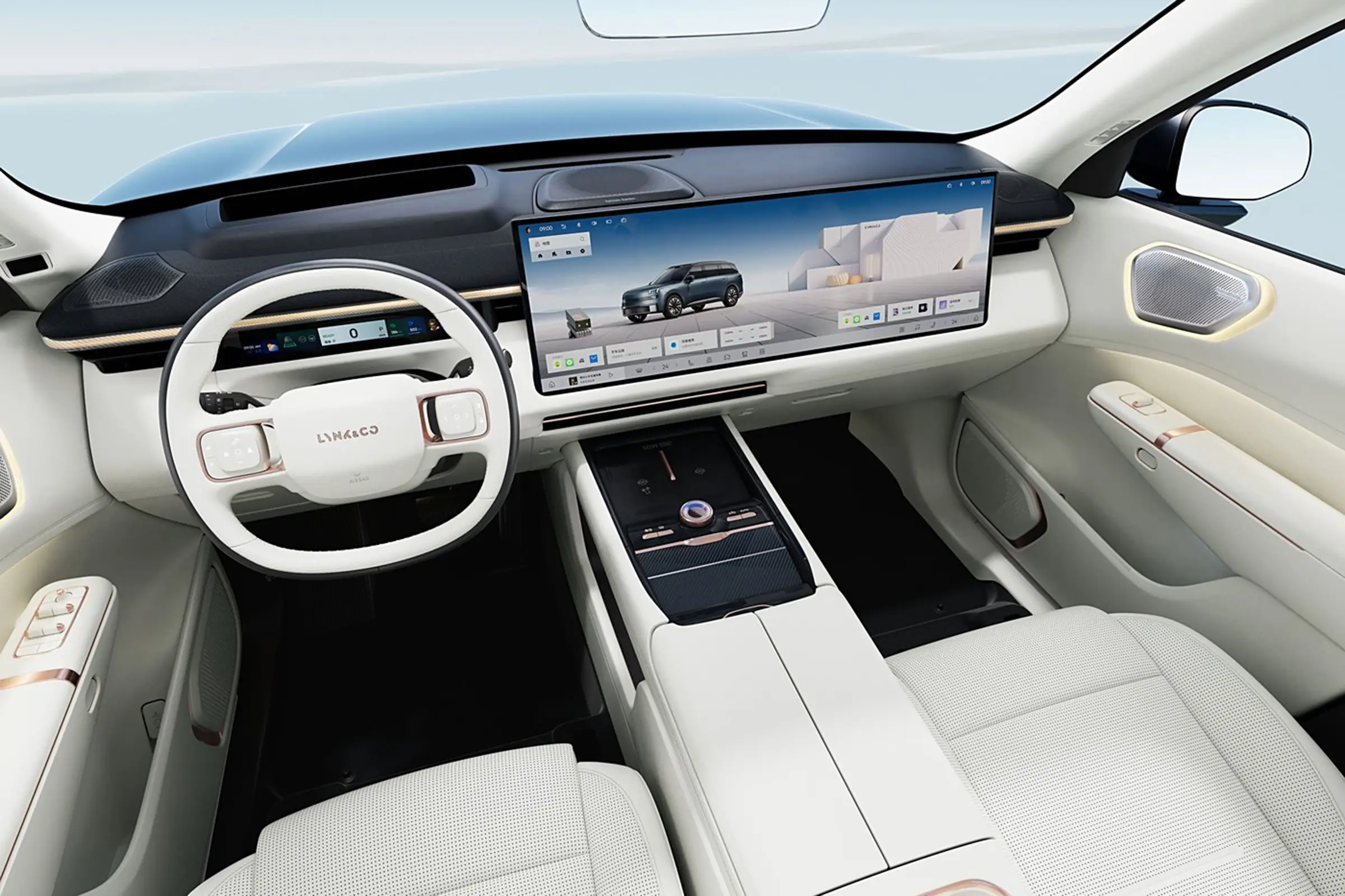 Luxury interior of a modern Chinese EV featuring large touchscreen, AI smart cockpit and advanced driver assistance systems